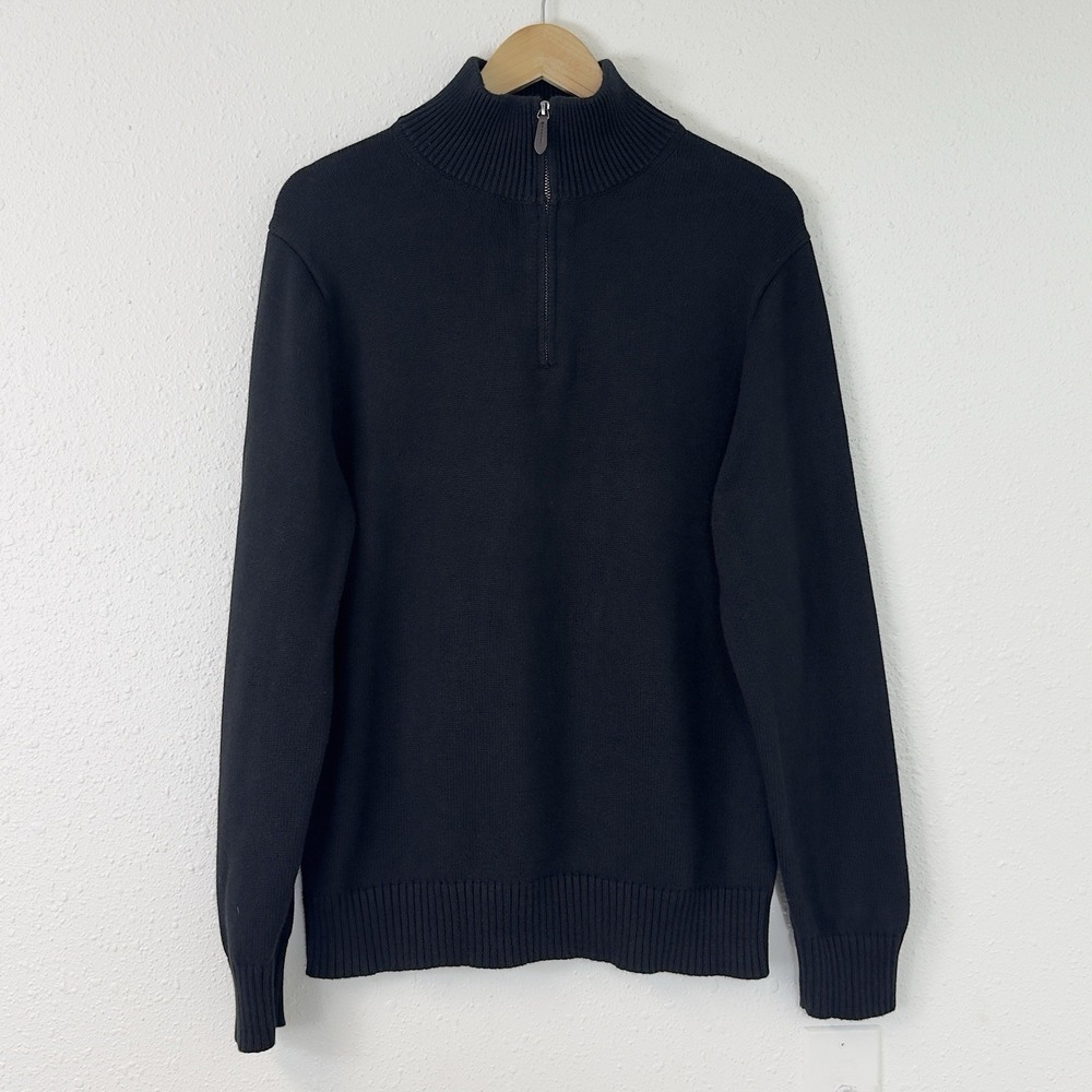 J.Crew Hand Knit Black Quarter Zip Pullover Cotton Classic Preppy Men's L